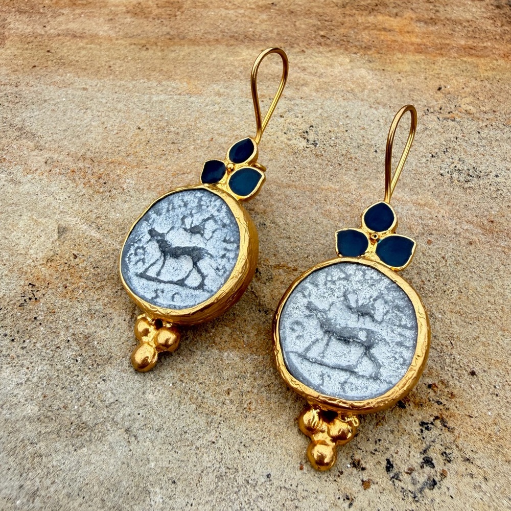 Vintage Ancient Style Roman Coin Gold and Blue Dangle Earrings